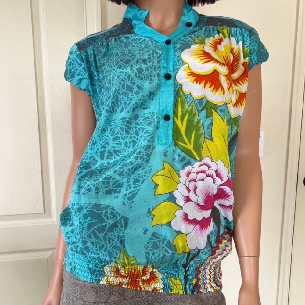 Desigual Turquoise Floral Blouse with Smoked Detail & Pockets Blue Size Small